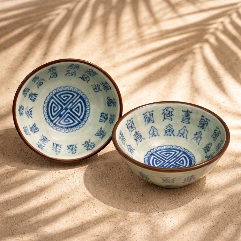 Set Vtg Chinese Celadon Bowl Archaic Calligraphy-Text Xuande Ming Dynasty-3.75"